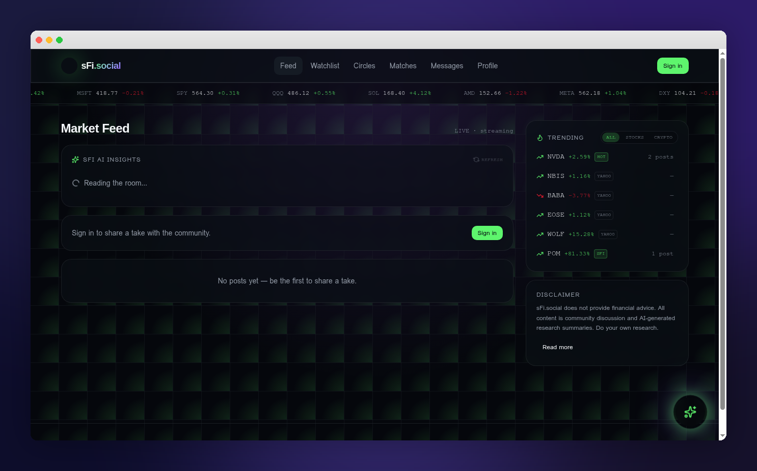 dukat.social market feed with live tickers, trending stocks, and AI insights